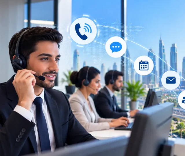 Virtual Reception Outsourcing Services How To Choose The Right Company In Dubai Male customer support professional handling calls in a Dubai office